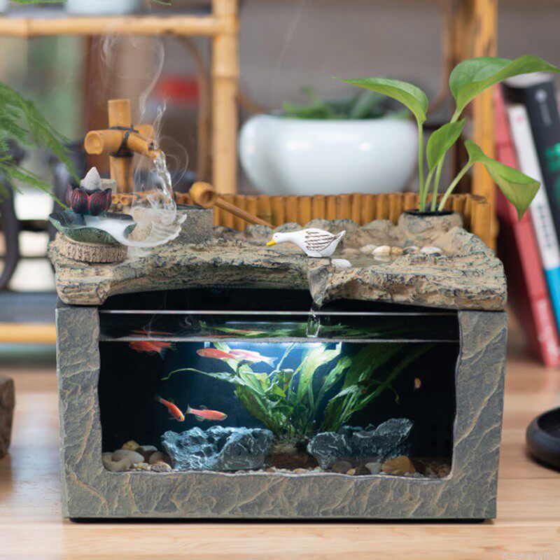 办公桌摆件迷你水族箱装饰小型客厅玻璃缸鱼缸中式生态瓶
