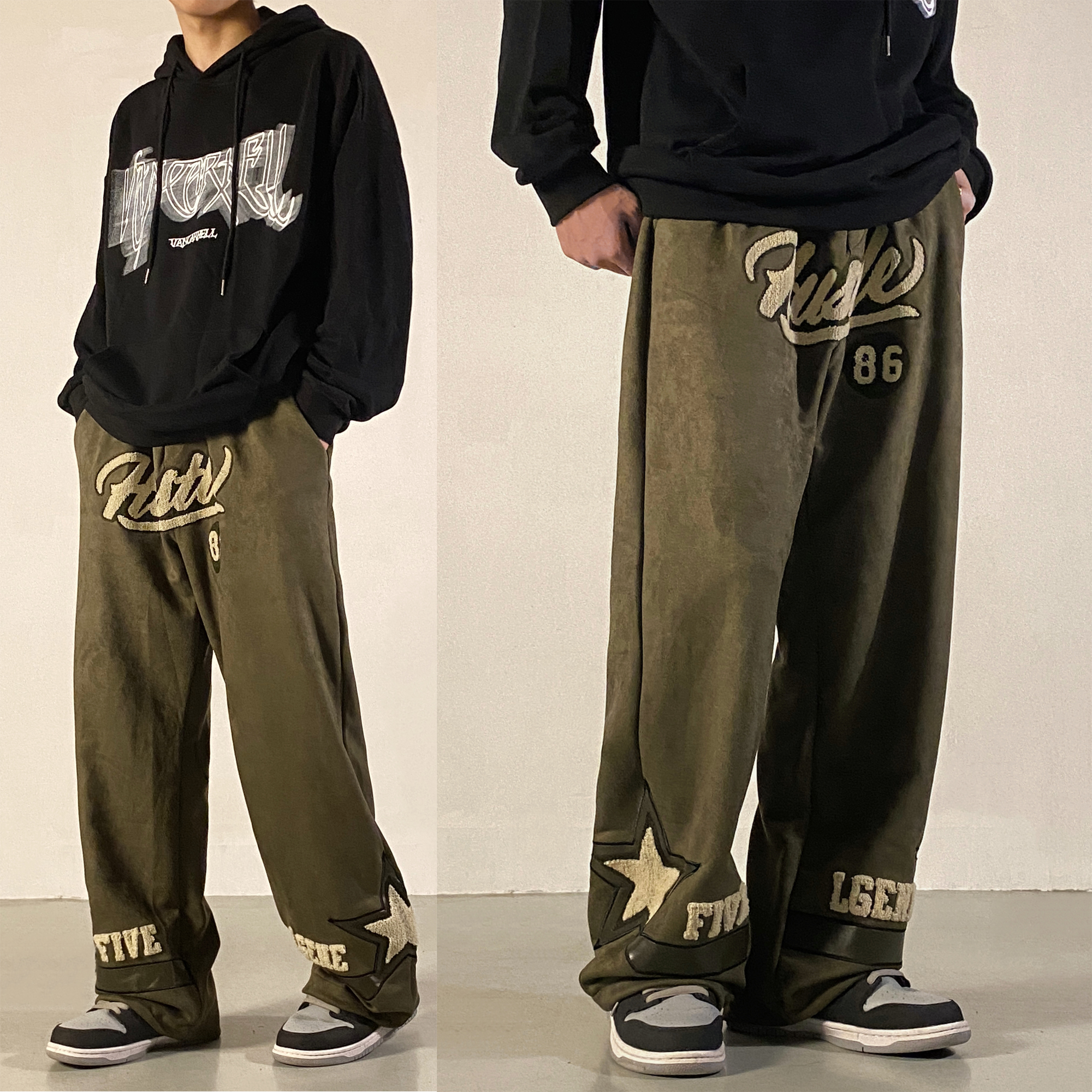 空想KONSUN美式高街贴布刺绣休闲长裤男女设计感宽松直筒运动裤子