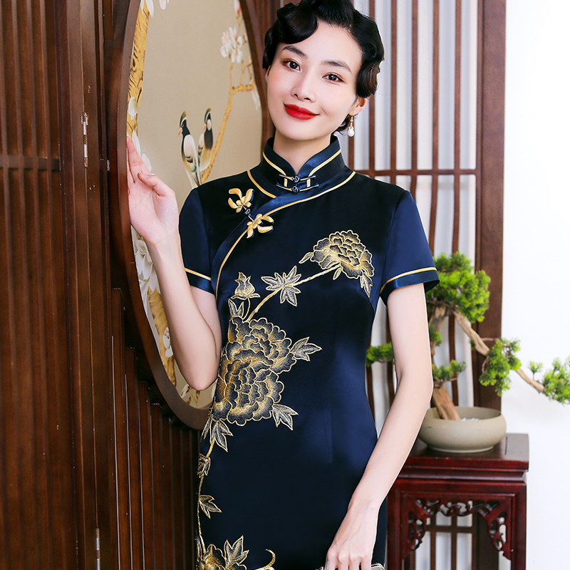 华族经典私人定制气质斜襟修身重磅真丝金绣苏绣旗袍