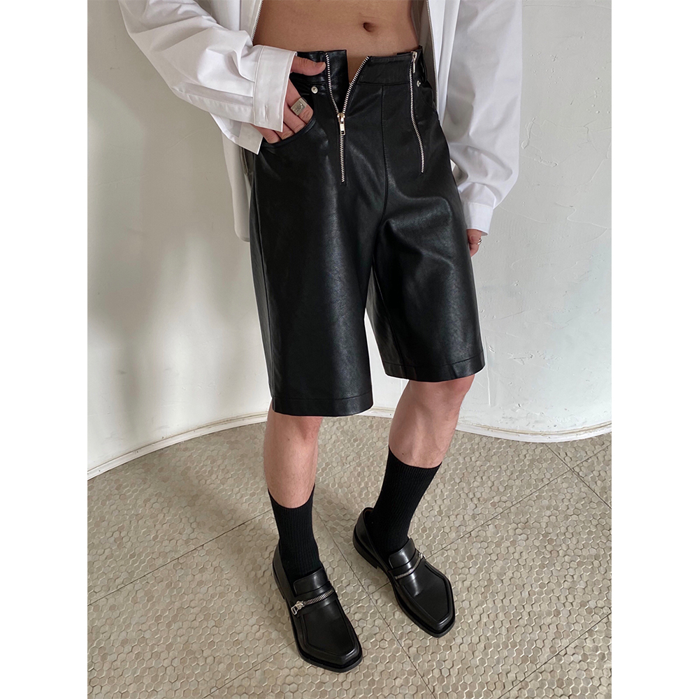 TRENDYWU 自制 新品时髦双拉链黑色PU皮百搭性感风柔软中性皮短裤