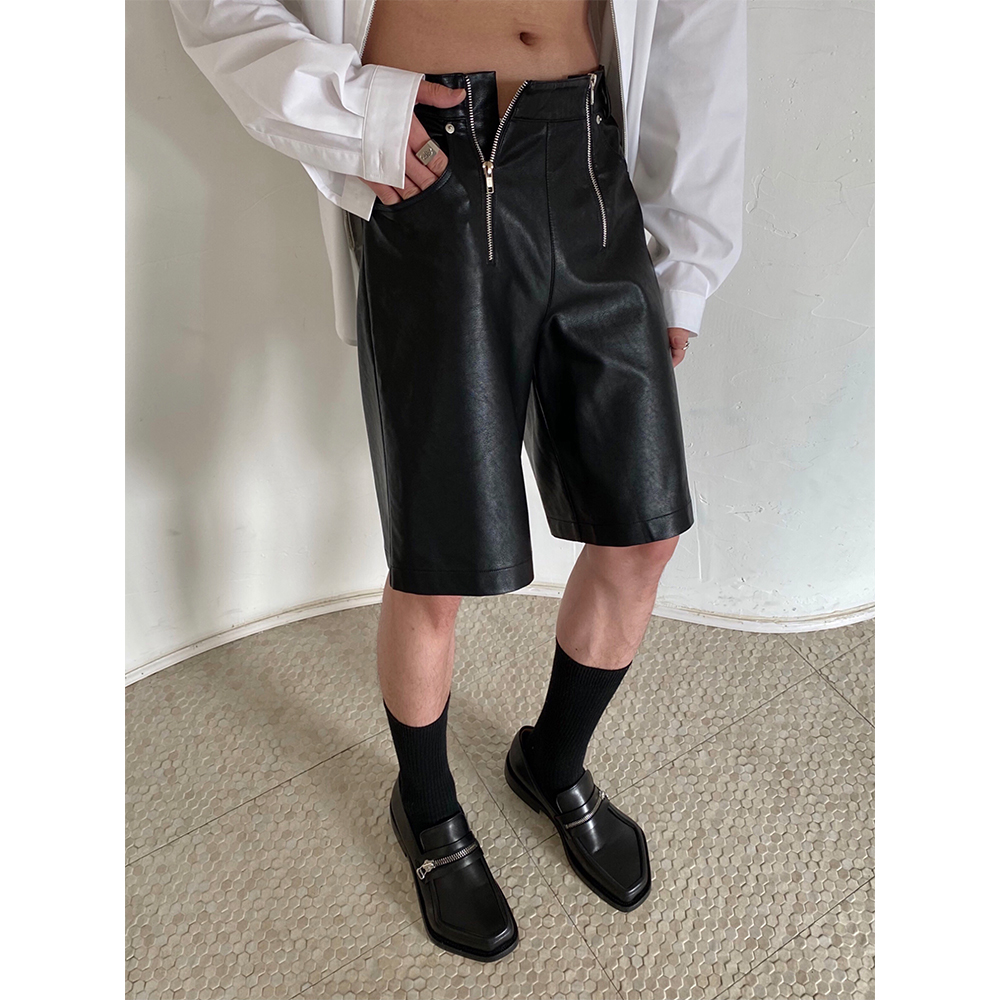 TRENDYWU 自制 新品时髦双拉链黑色PU皮百搭性感风柔软中性皮短裤