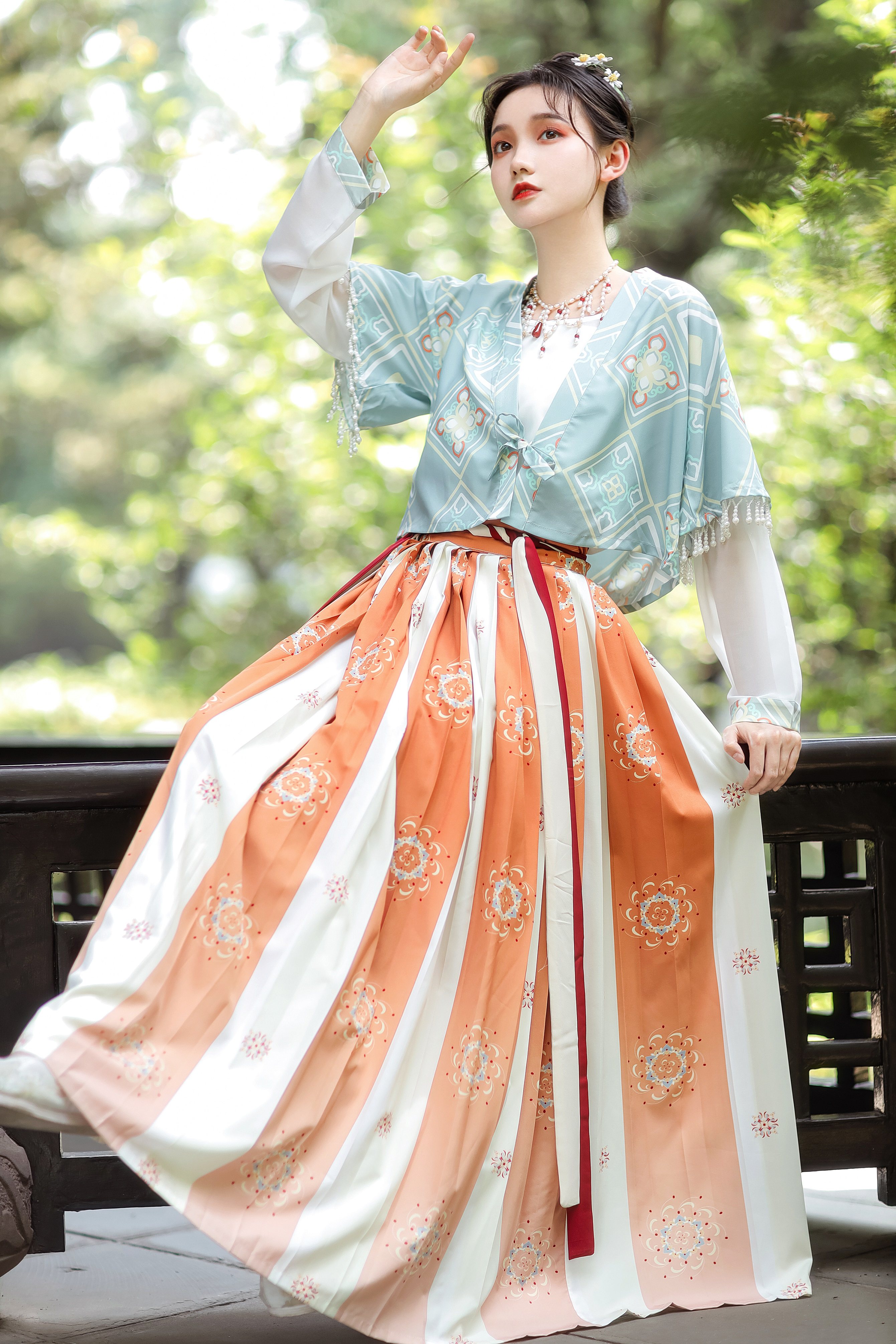 芙蓉原创印花唐褙圆领衫褶裙正品改良唐制汉夏季汉服