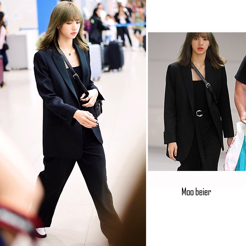 定制blackpink女团lisa韩国明星黑色oversize宽肩西服休闲西装