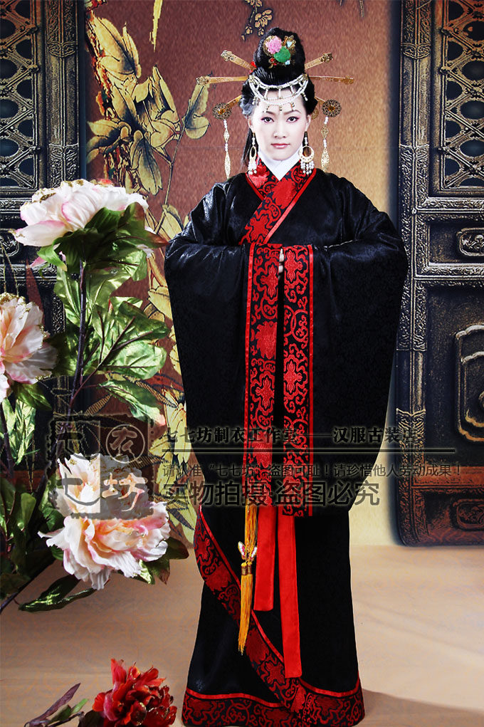 七七坊◆华服伴娘 正品 正统汉服广袖曲裾深衣 黑底红花 绝美