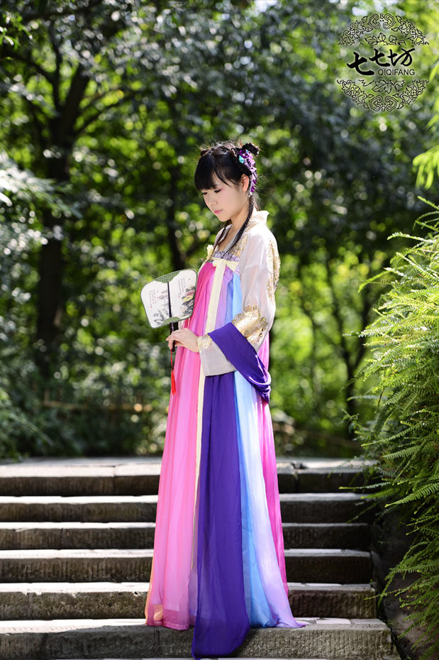 七七坊汉服华服隋唐制唐风中国风彩虹烫金渐变对襟齐胸襦裙套装