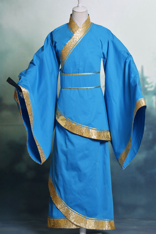 七七坊汉服华服拜师文雅送腰带厚棉秦汉朝男士双绕曲裾袍天蓝藏蓝