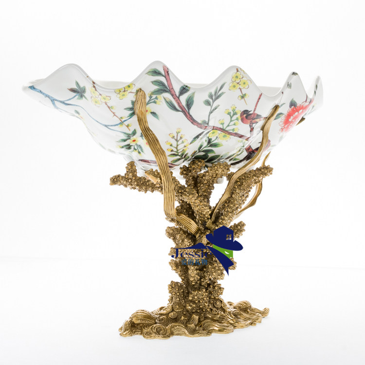 狮落皇庭高端欧式精品手工彩绘陶瓷做旧艺术果盘