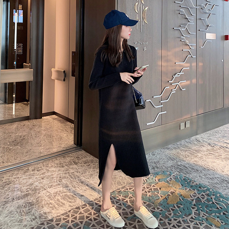 秋装2021年大衣黑色内搭针织连衣裙女中中长款开连衣裙