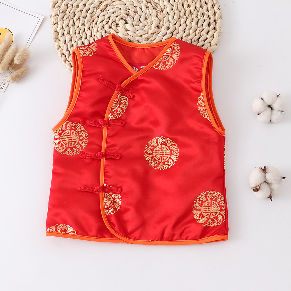 马甲儿童手工唐装喜庆男女女童宝宝背心周岁唐装