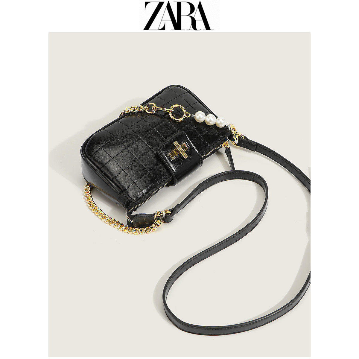 zara正品小香风珍珠链条腋下包包女2021新款百搭挎包