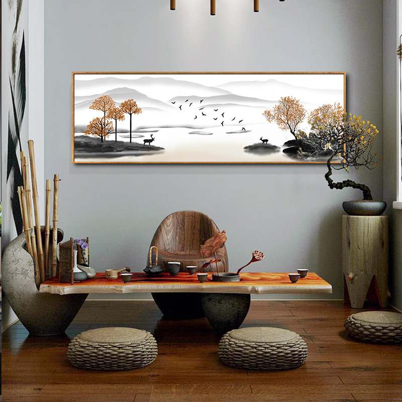 客厅装饰画新中式茶室背景墙水墨禅意山水画电视壁画