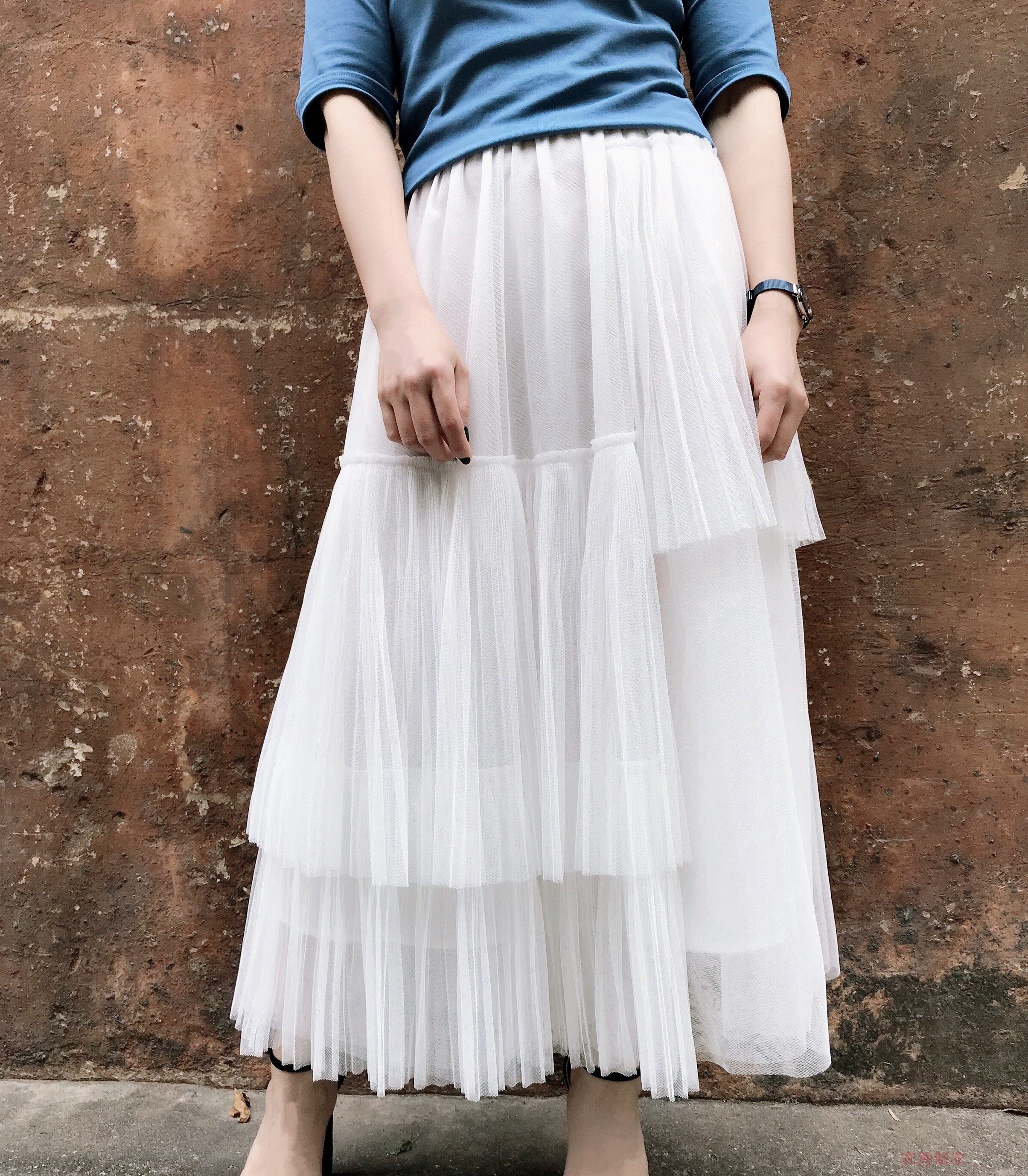 秋冬季枚红网纱半身裙超火韩剧《内在美》同款不对称百褶过膝纱裙