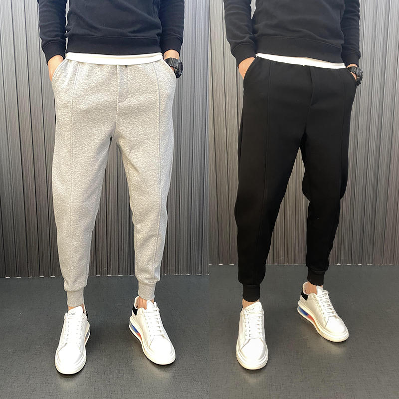 20休闲裤男士长裤子秋冬韩版潮流宽松束脚百搭加绒卫裤灰色运动裤
