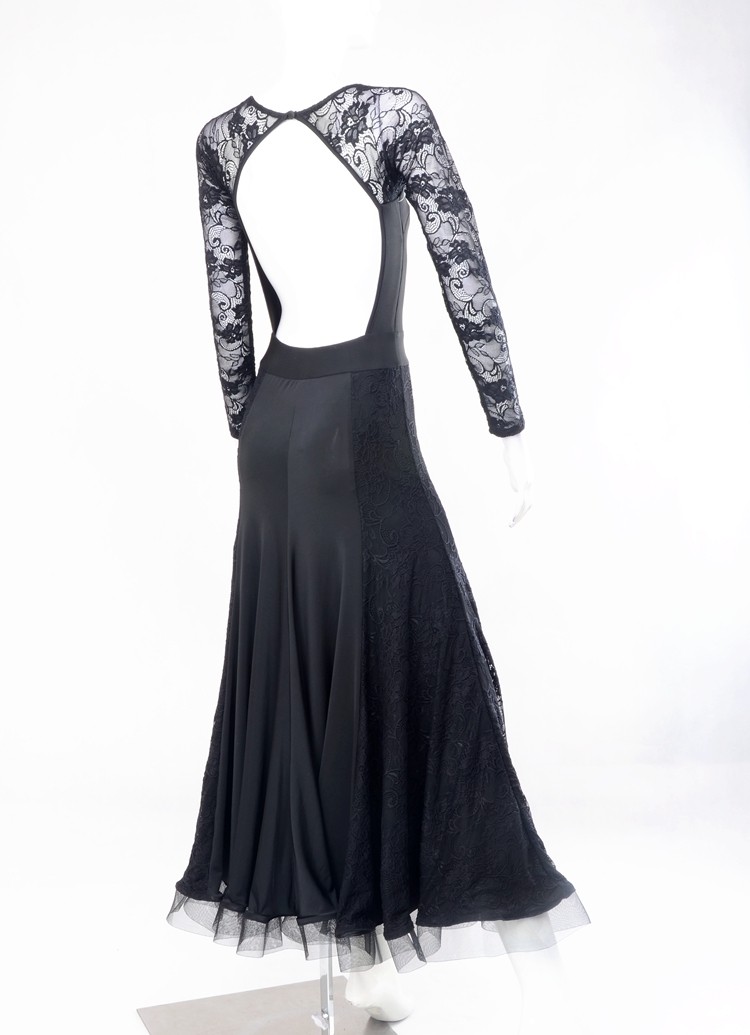 摩登异国舞蹈蕾丝长袖小船领大露背软骨练习摩登舞套装含演出服