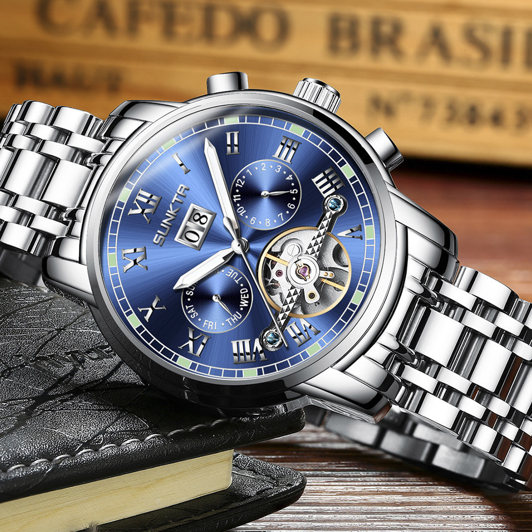 桑达手表男士全自动机械表镂空夜光潮流时尚钢带皮带男表