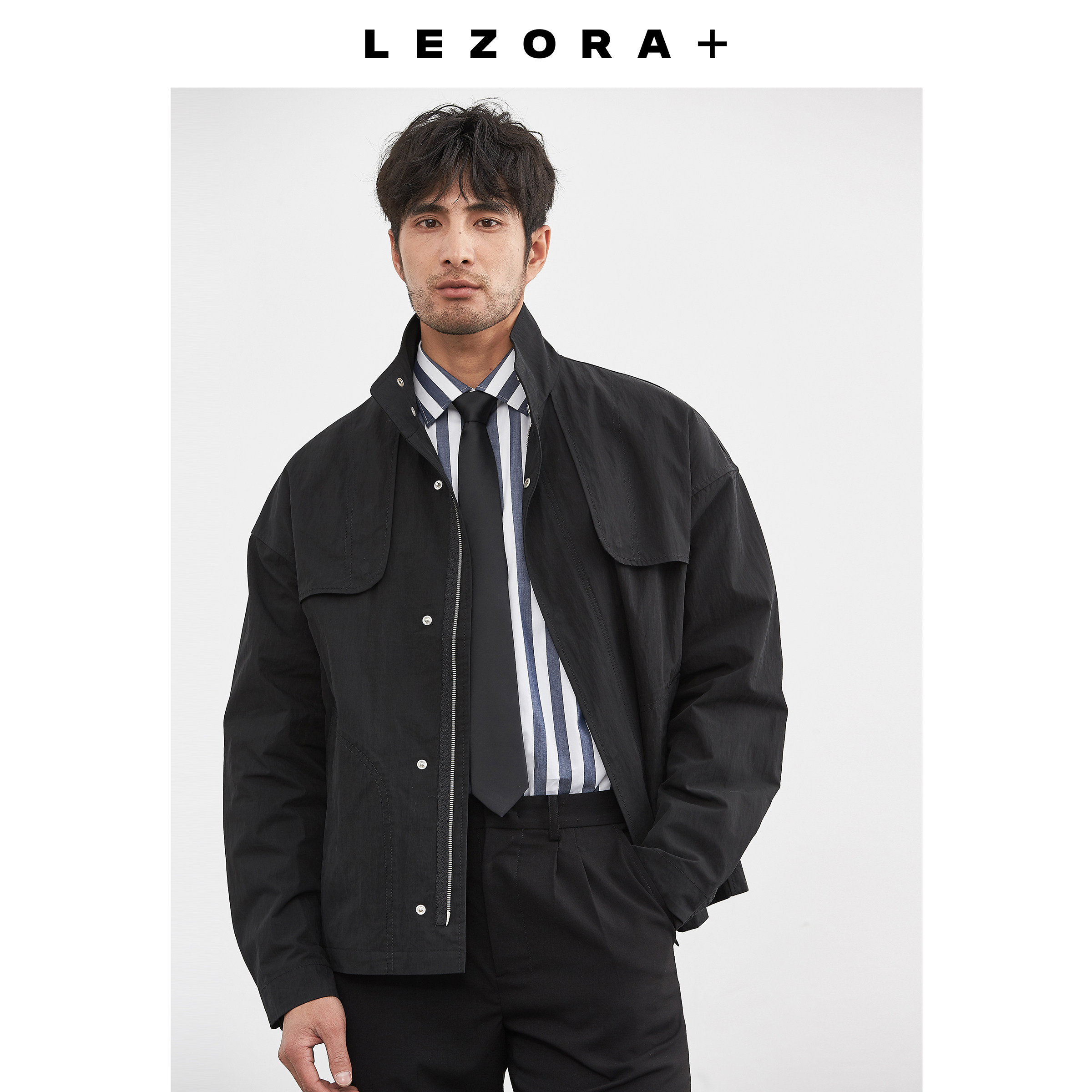 lezora重工缩微面料防雨双覆片立领短款堑壕风衣夹克