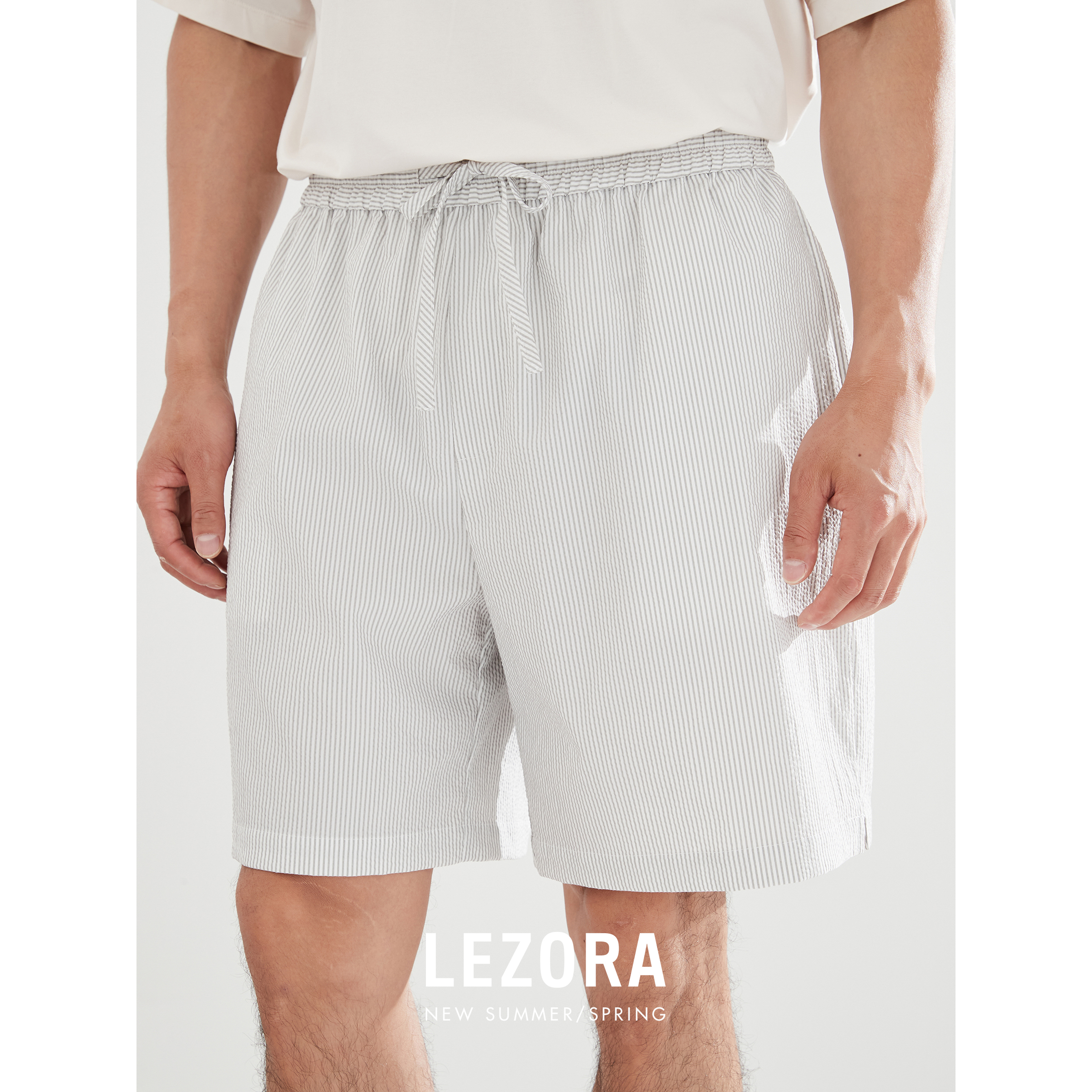 LEZORA 日本制coolmax透气条纹泡泡纱 凉感开衩宽松短裤男