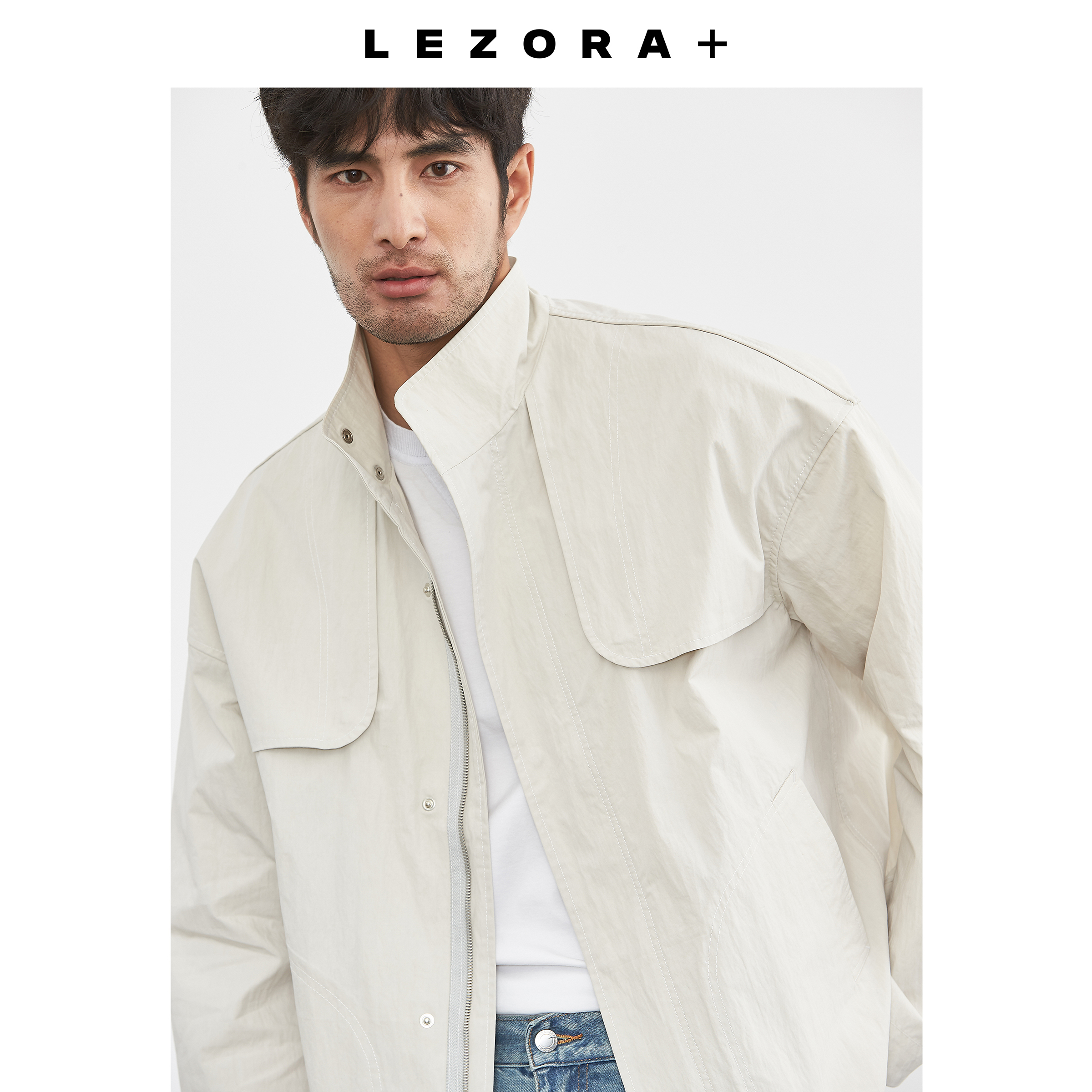 LEZORA 重工盐缩微皱面料！防雨双覆片立领短款堑壕风衣外套男