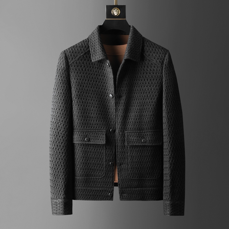 秋冬经典复古翻领单排扣羊毛夹克 男士粗针线衣商务休闲保暖外套