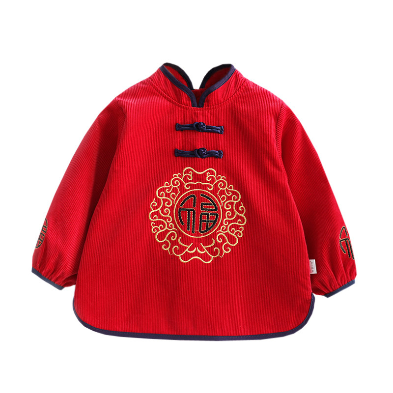 国潮元素福气婴儿拜年喜庆罩衣可外穿护衣灯芯绒宝宝防脏围兜秋冬