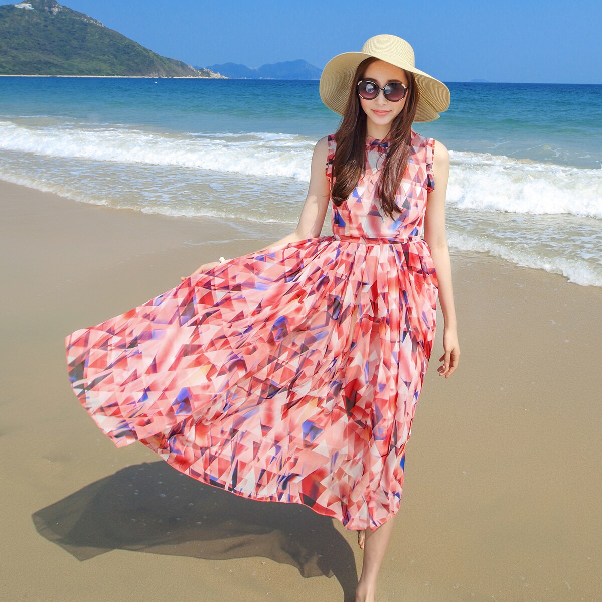 波西米亚海边度假沙滩出游旅行连衣裙雪纺高腰显瘦连衣裙