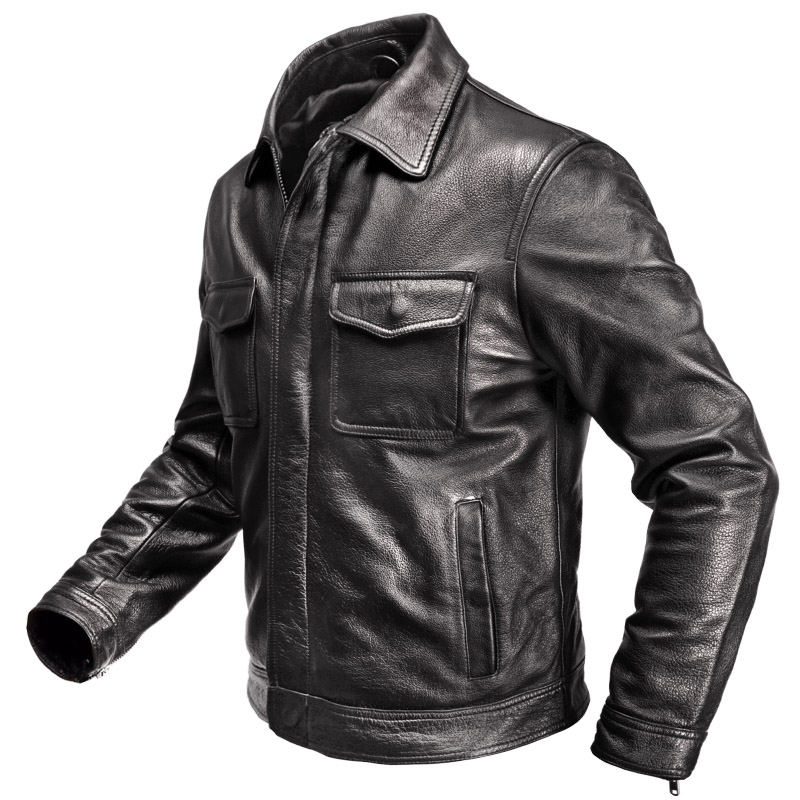 阿美咔叽头层牛皮水洗复古做旧真皮皮衣男修身皮夹克大码加棉