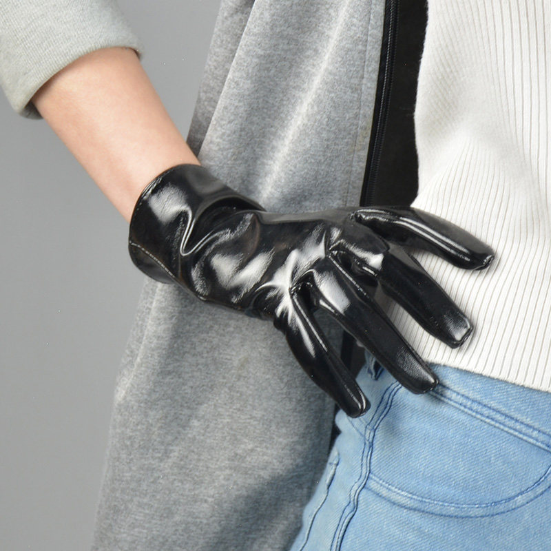 包邮漆皮短款手套21cm亮皮仿真皮仿皮pu皮镜面制服控军绿色军旅风