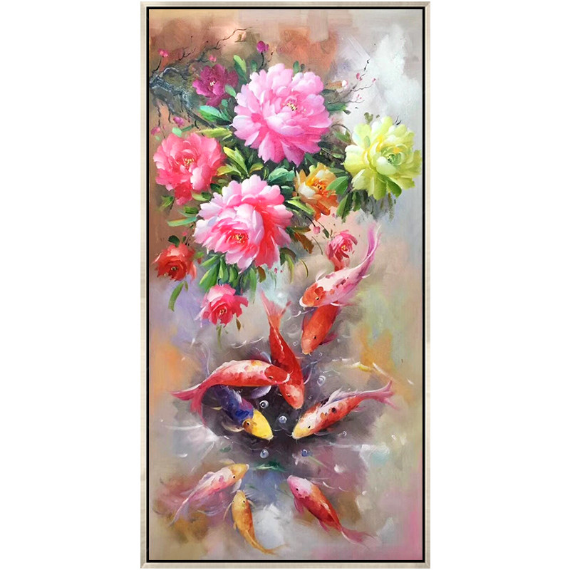 新中式手绘玄关油画走廊过道挂画牡丹花九鱼图竖版装饰画别墅壁画