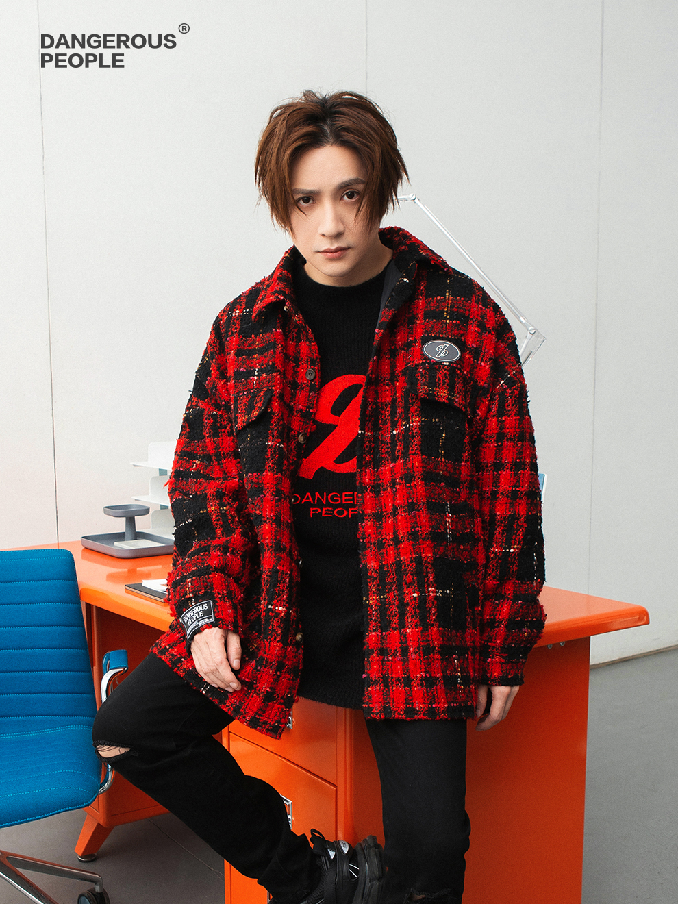 dangerouspeople薛之谦dsp红黑格格潮流外套夹克粗花毛呢夹克