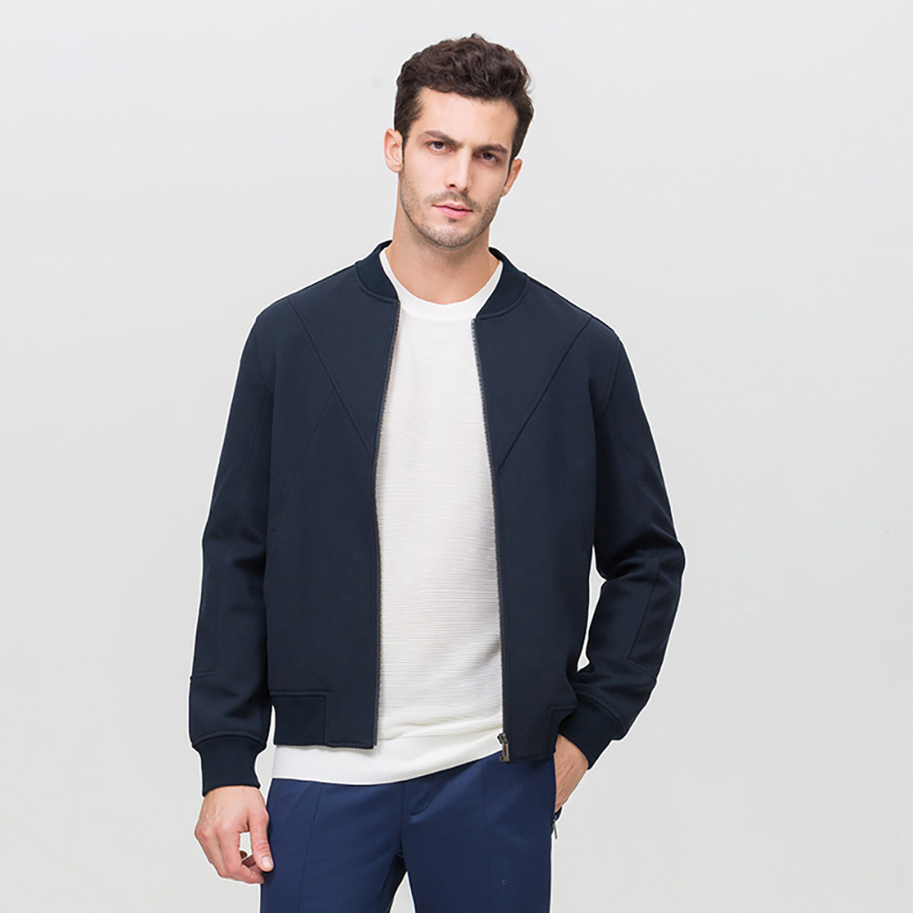 ports宝姿青色拉链圆领长袖春夏男装缝制针织夹克