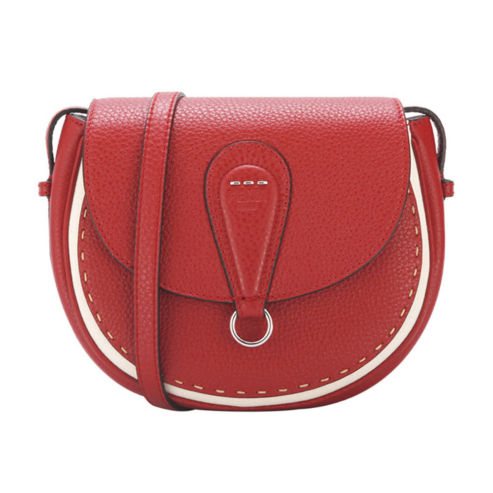fendi芬迪红色牛皮简约拼接单肩斜挎包马鞍包气质女士包袋