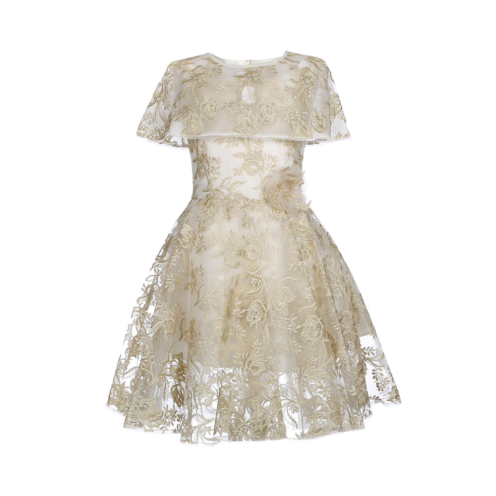 象牙白金色金色绣花可拆披肩女童礼服连衣裙连衣裙