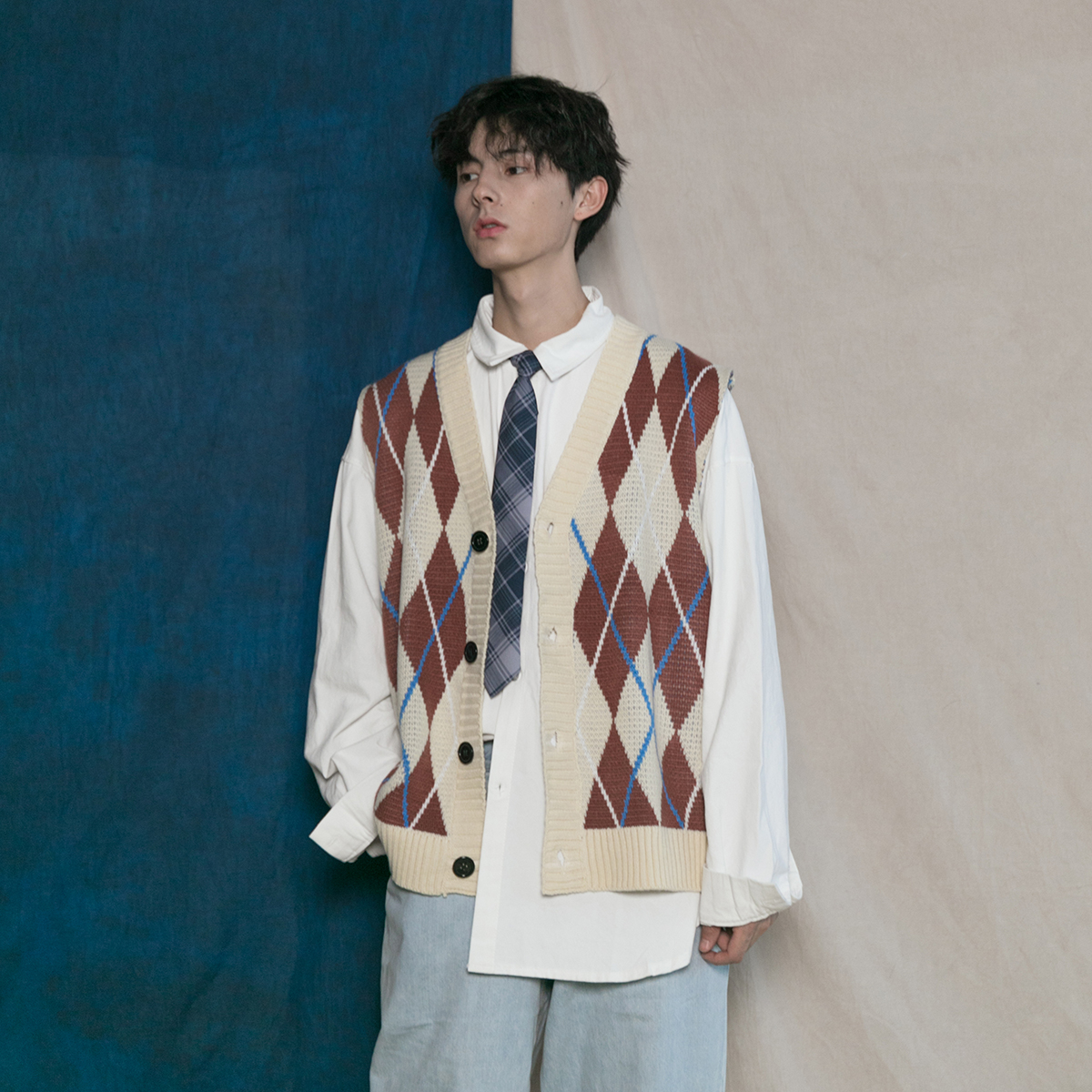 港味复古街头8090年代怀旧菱形针织开衫 潮人男女ins撞色毛衣马甲