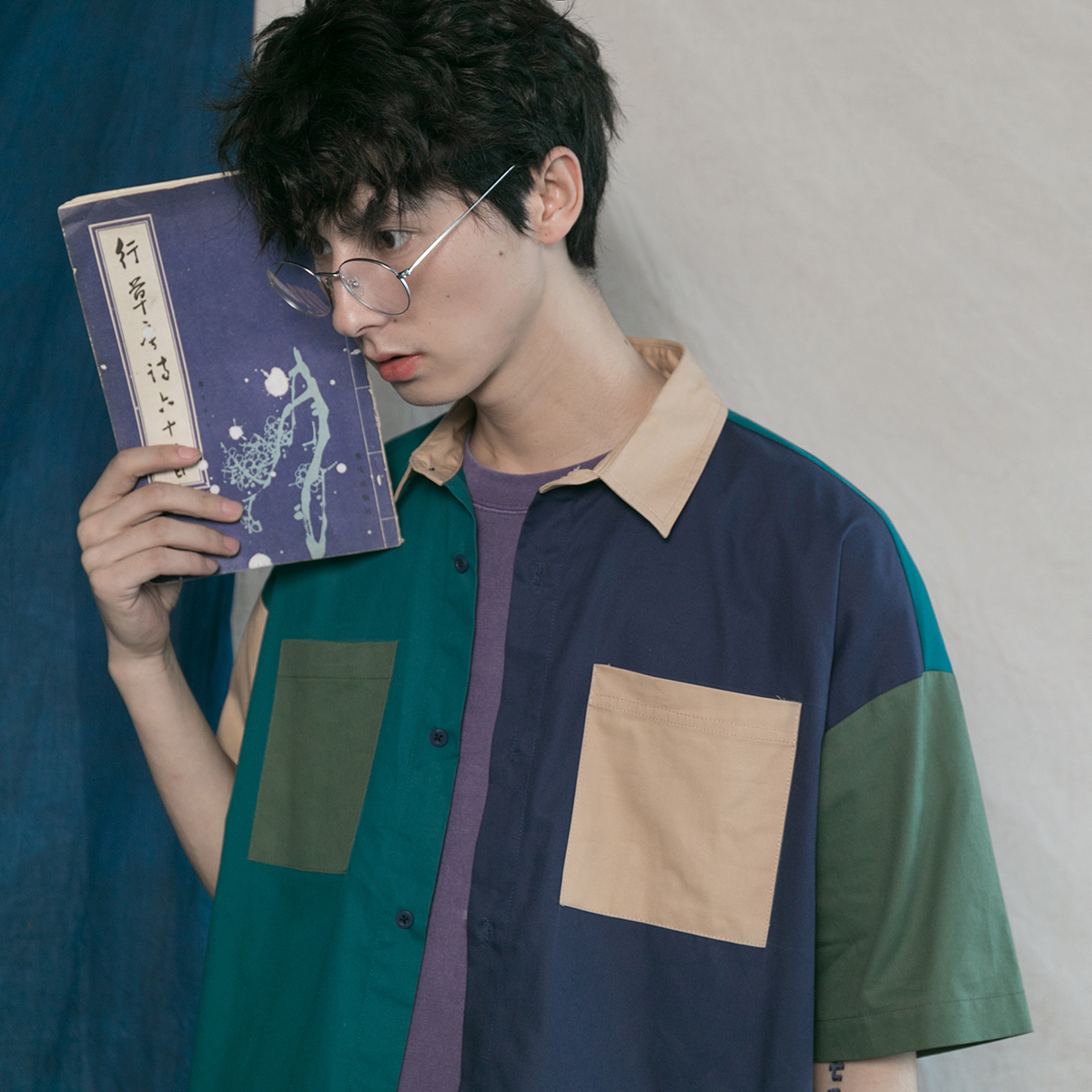 日系简约拼色设计短袖衬衫潮人男女宽松BF工装风港味复古衬衣夏季