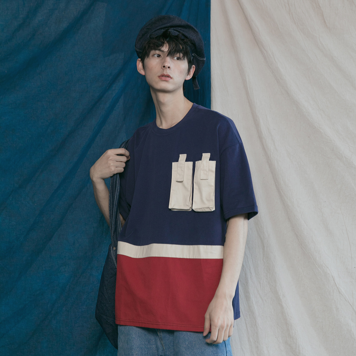 日系工装风拼色口袋阿美咔叽宽松BF风男女情侣T恤短袖夏季百搭tee