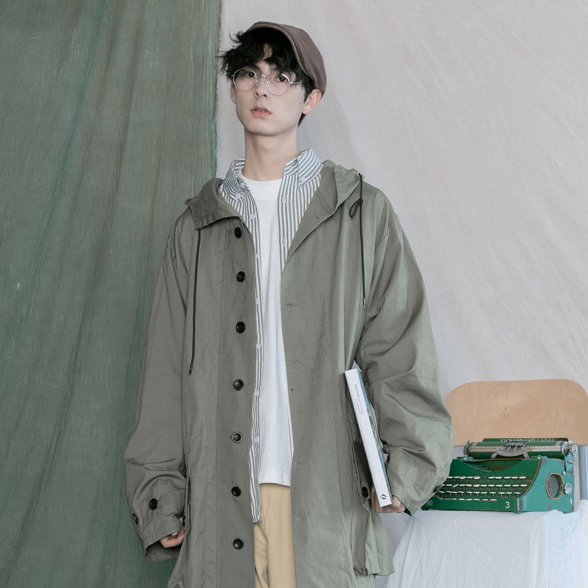 蒙马特先生 日系复古文艺长款风衣男女 慵懒宽松BF风连帽外套秋冬