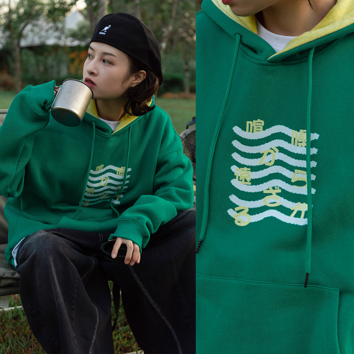 蒙马特先生 小众蓝绿色波浪印花连帽衫 秋冬男女情侣宽松抓绒卫衣