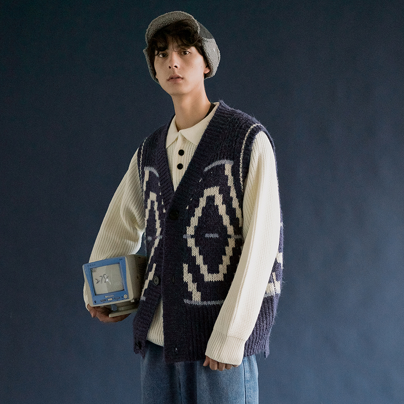 8090年代复古菱形格纹针织衫马甲港味复古男女宽松无袖毛衣外套秋