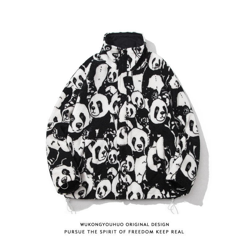 悟空有货复古趣味熊猫羊羔绒双面穿棉衣男潮牌bf宽松情侣休闲棉服