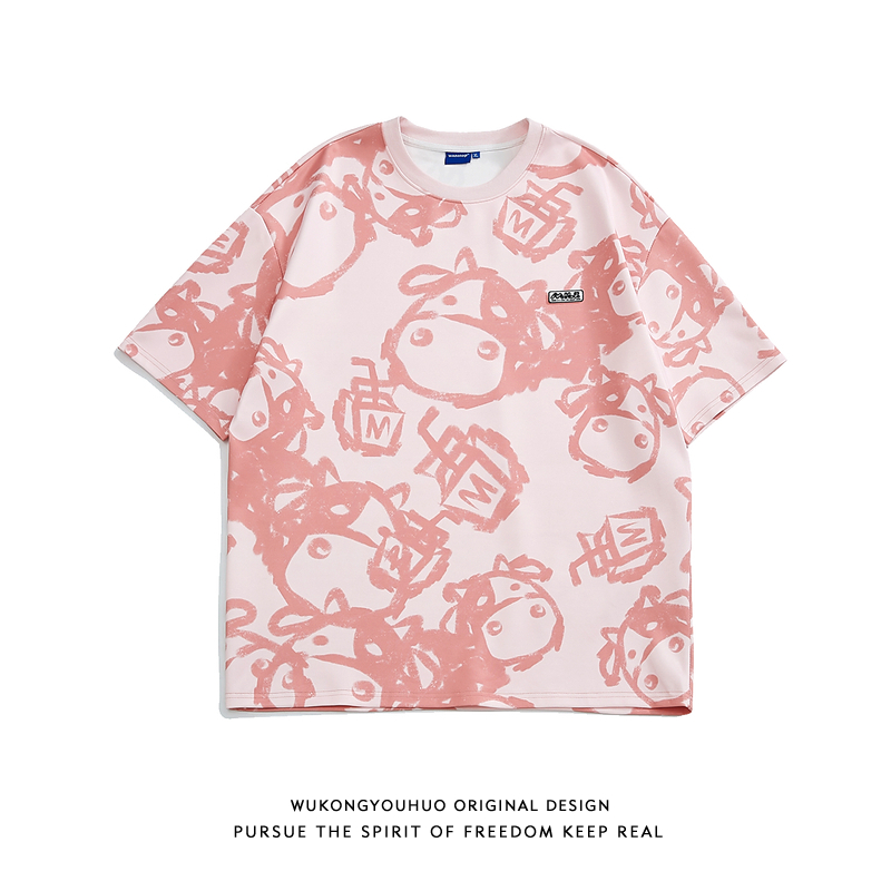 悟空有货ins原宿风卡通满印短袖T恤男潮牌街头bf宽松情侣休闲体恤