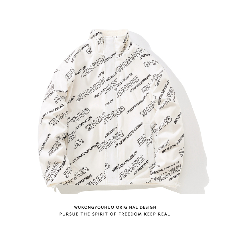 悟空有货嘻哈字母印花双面穿羊羔绒棉衣外套男潮牌宽松情侣装棉服