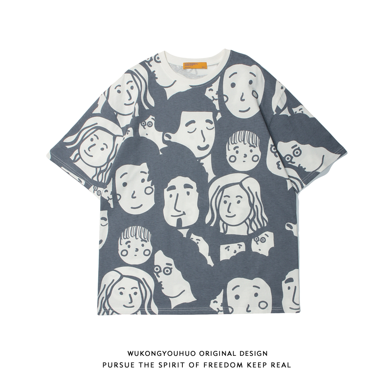 悟空有货ins趣味人物印花短袖T恤男潮牌街头宽松oversize休闲体恤