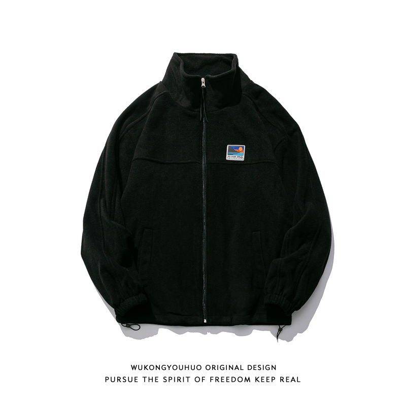 悟空有货日系复古立领拼接摇粒绒夹克男bf风宽松休闲情侣上衣外套