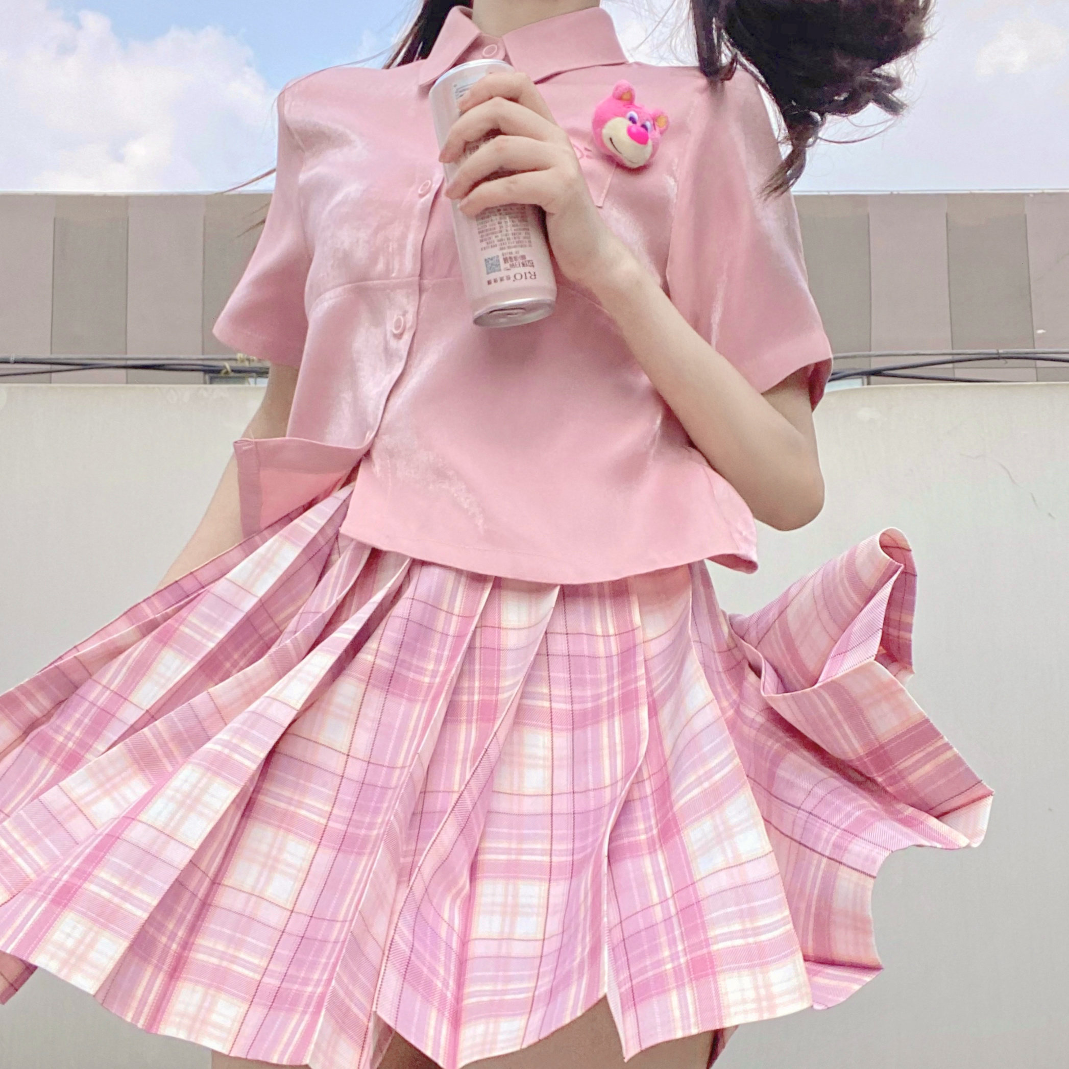 现货软糖原创粉色银河浪漫刺绣闪光jk短袖衬衫