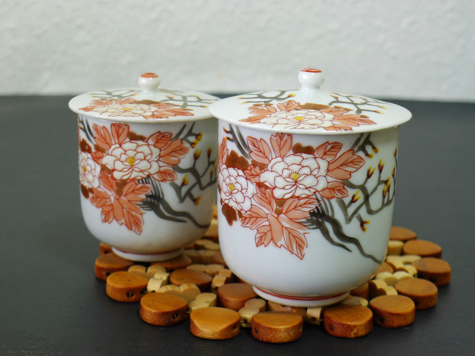 日本中古回流九谷烧赤绘汤吞盖一对夫妻汤吞杯包邮茶杯