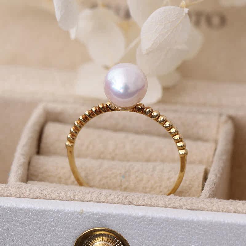 日本海水akoya珍珠花珠 18k金麻花戒指强光镜面 淡水珍珠包邮 - 可颂