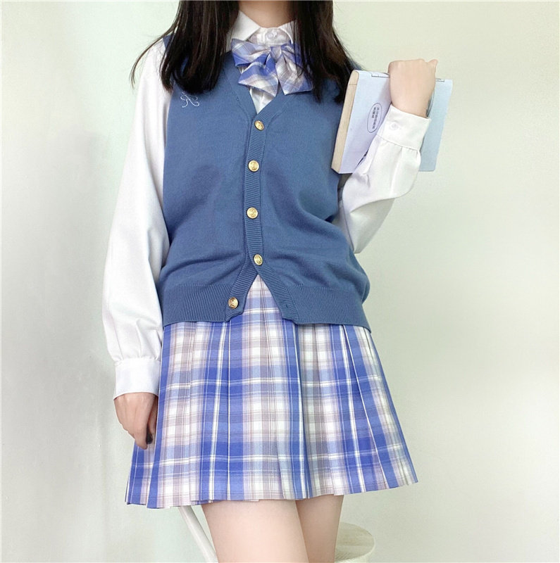 白瑾iqcq气球熊jk制服原创现货蓝白格子半身学生校服