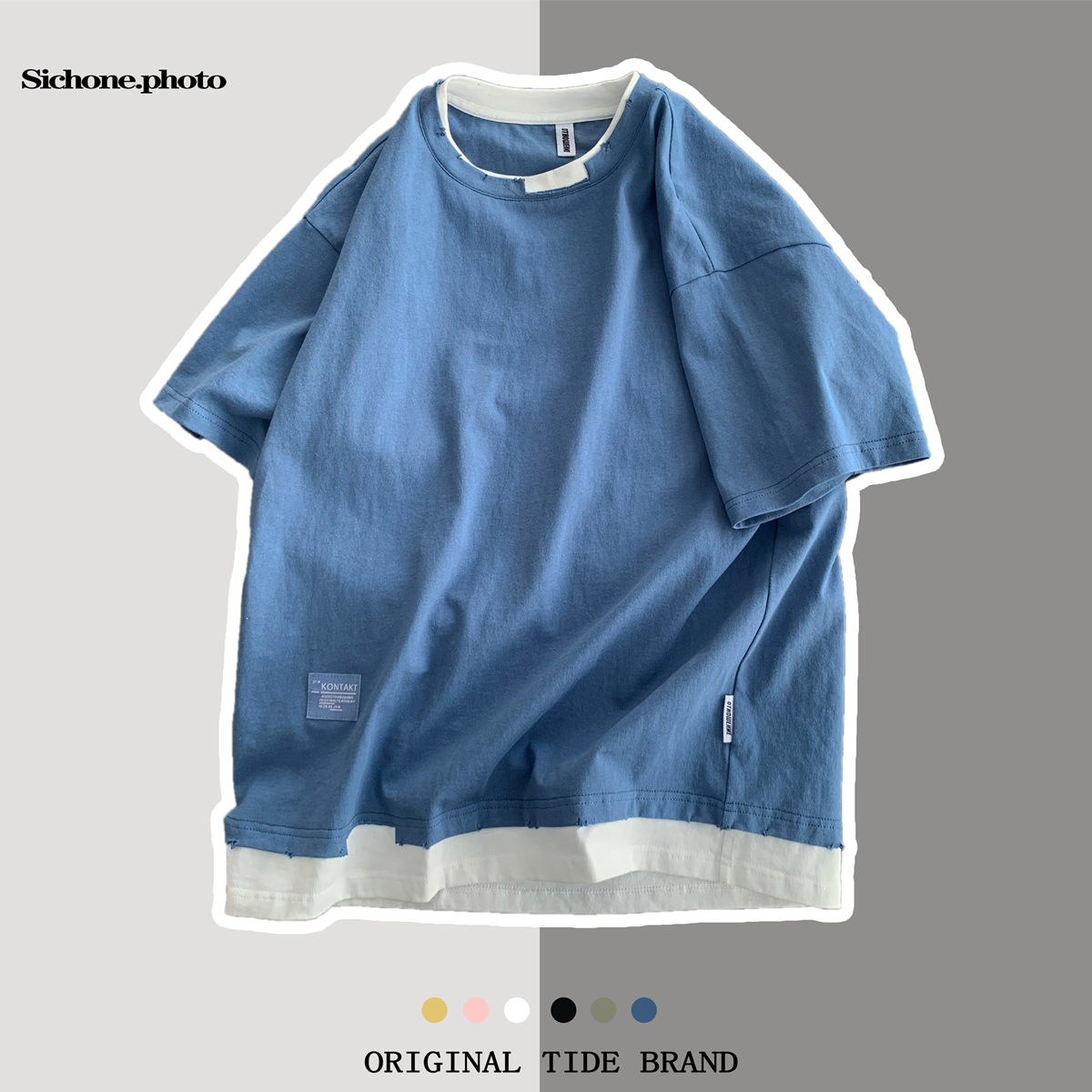 短袖t恤男夏季港风潮牌五分袖韩版潮流百搭ins帅气宽松假两件半袖