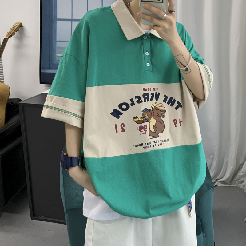 小熊polo衫男短袖t恤潮牌夏季宽松网红炸街纯棉半袖ins潮港风体恤