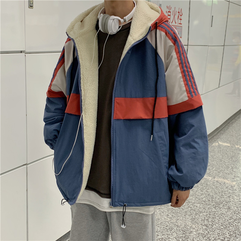 加绒加厚棉衣男冬季ins潮牌拼色连帽棉服韩版潮流帅气羊羔毛外套